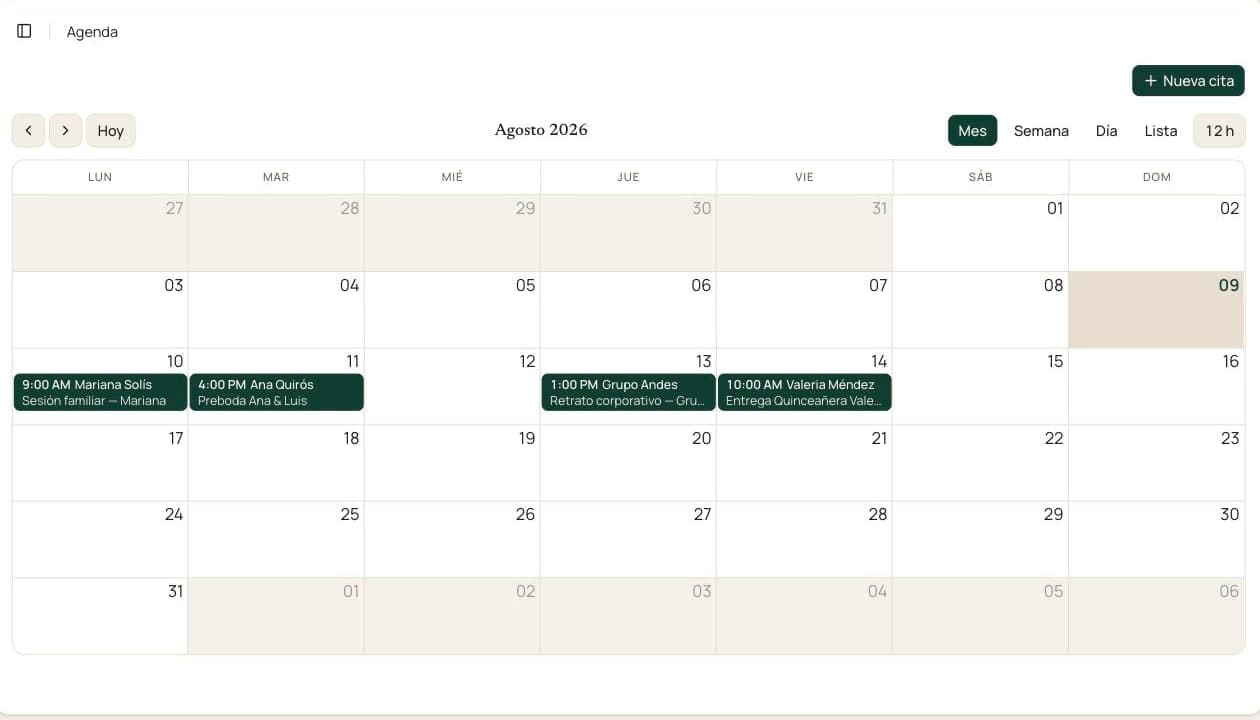 Agenda mensual de Nayra con cuatro sesiones del estudio programadas